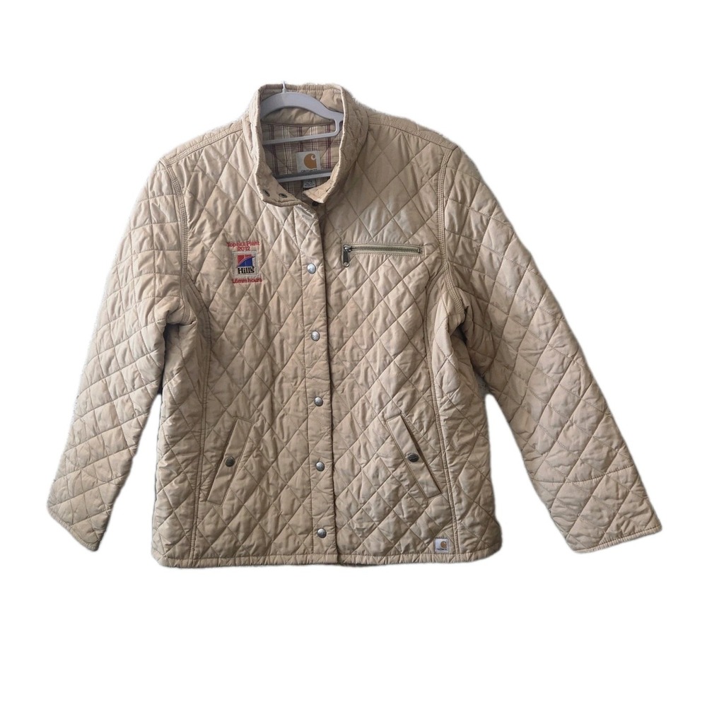 Carhartt For Women Quilted Jacket Beige Tan‎ L Large Snap Front Plaid Lined...